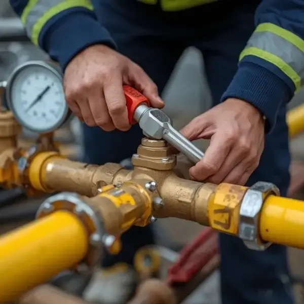 Person adjusting valve on yellow gas pipes.